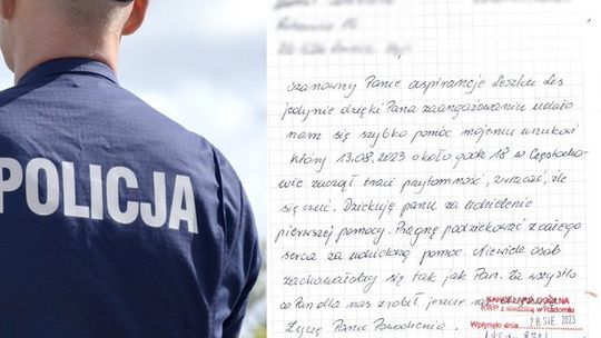 Babcia dziękuje policjantowi za pomoc wnukowi