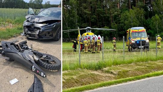 Czołowe zderzenie crossa z osobówką. Motocyklistę zabrał śmigłowiec LPR [wideo]