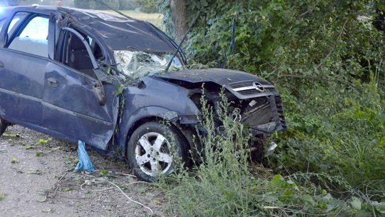 Dachowanie na szutrowej drodze. Auto zatrzymało się przy bagnie