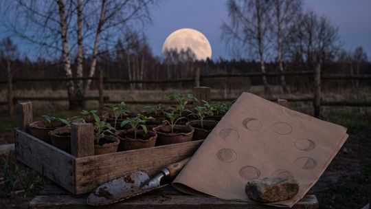 Skrzynka z sadzonkami, rysunek faz Księżyca i pełnia nad ogrodem o zmierzchu.