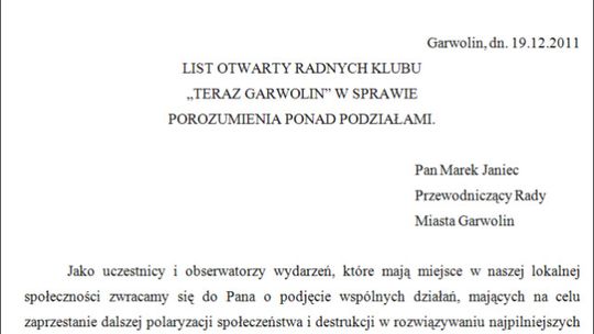 List otwarty radnych klubu TG