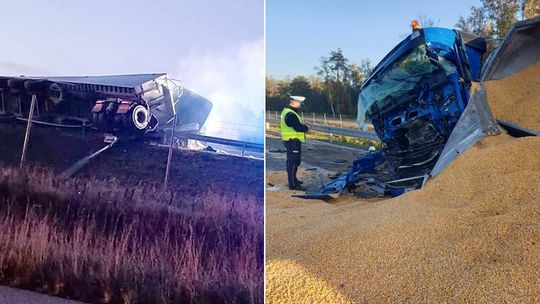 Zderzenie trzech tirów na S17. Kukurydza na trasie