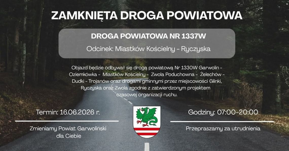 Droga Miastków Kościelny – Ryczyska zamknięta. Trwają prace przy nowej nawierzchni Droga Miastków Kościelny – Ryczyska zamknięta. Trwają prace przy nowej nawierzchni