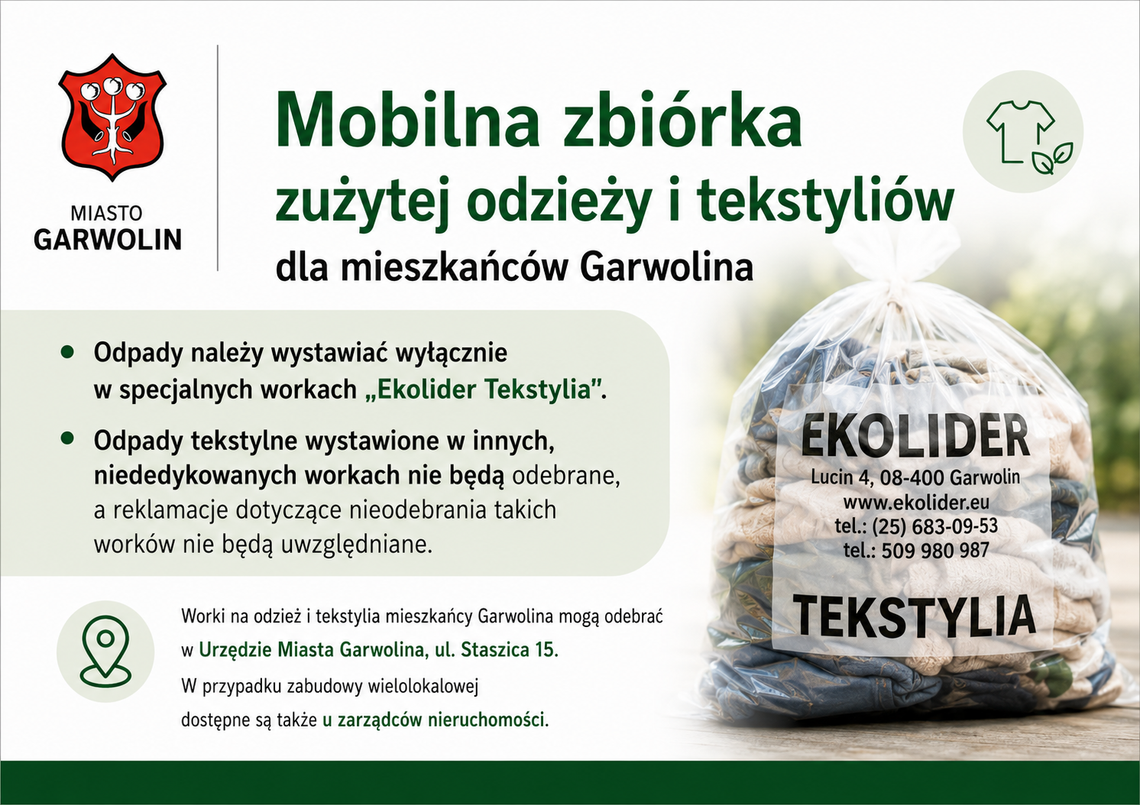 Garwolin odbierze zużytą odzież i tekstylia. Zbiórka już 15 października 2026 roku Garwolin odbierze zużytą odzież i tekstylia. Zbiórka już 15 października 2026 roku
