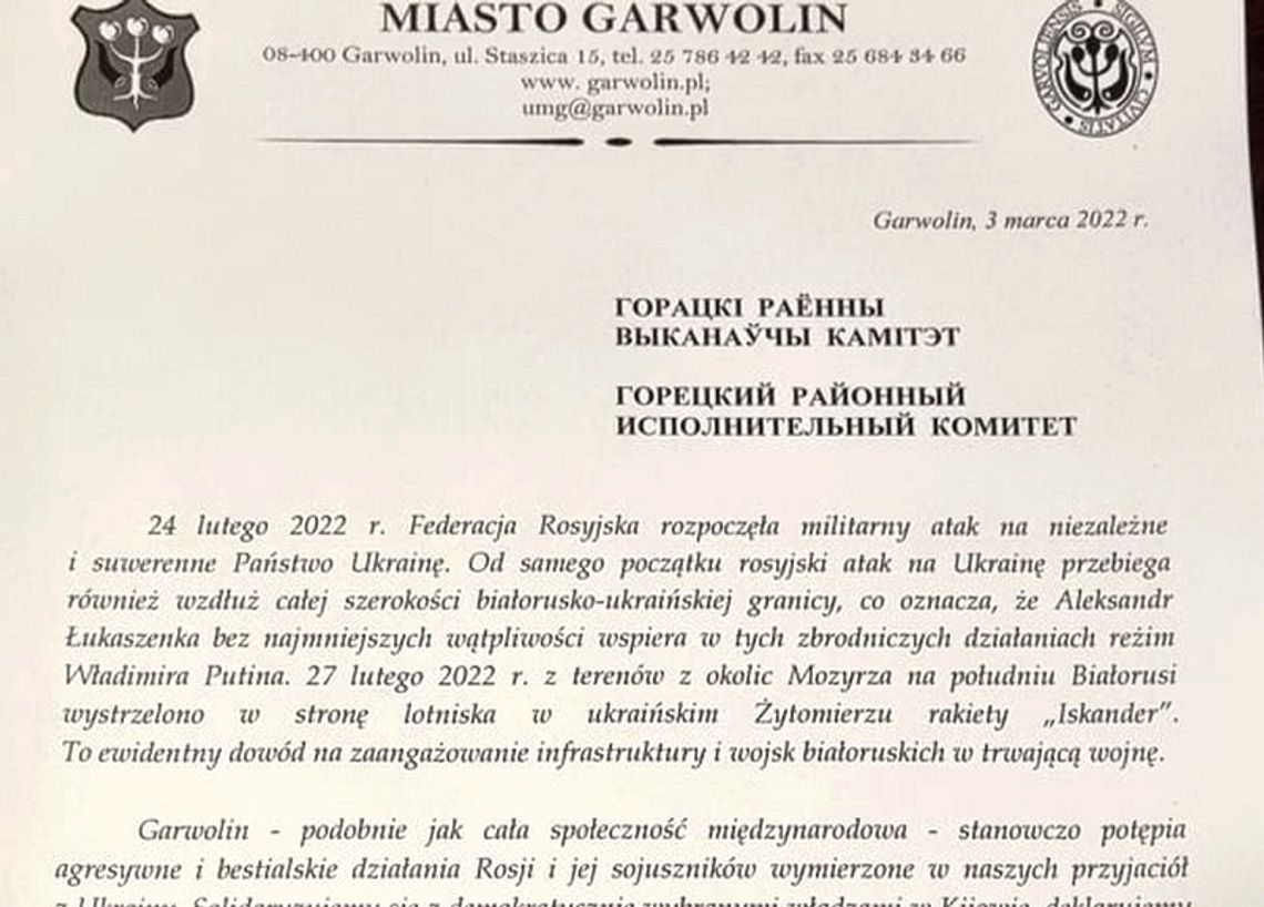 Garwolin zerwał umowę z białoruskim miastem