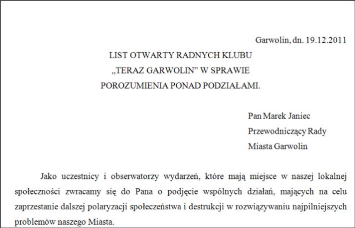 List otwarty radnych klubu TG