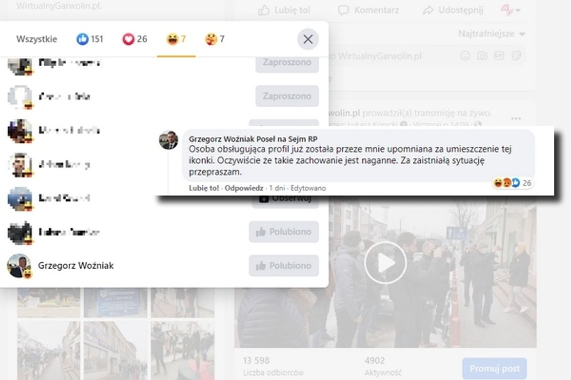 Poseł przeprasza za reakcję na facebooku