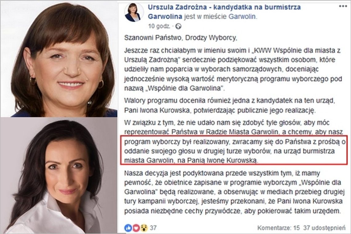 Urszula Zadrożna przekazuje głosy Iwonie Kurowskiej