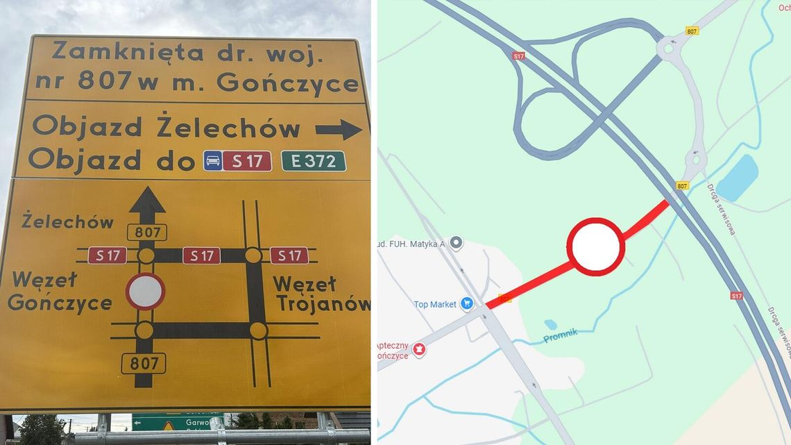 Utrudnienia w ruchu. Odcinek DW 807 w Gończycach całkowicie zamknięty