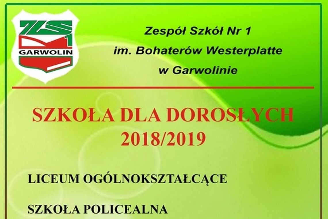 Zespół Szkół Nr 1 im. Bohaterów Westerplatte w Garwolinie  zaprasza w roku szkolnym 2018/19