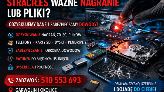Straciłeś ważne nagranie lub pliki? Odzyskiwanie danych i zabezpieczanie dowodów! Garwolin