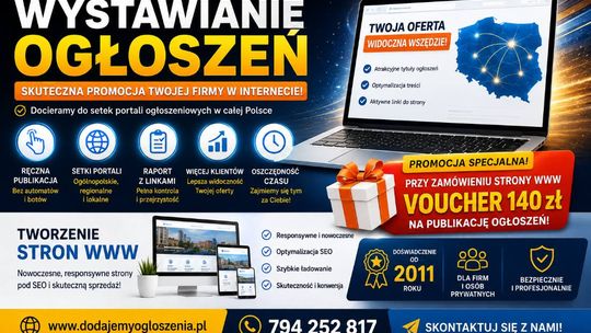Wystawianie ogłoszeń dla usług, sklepów i firm  + Tanie strony WWW