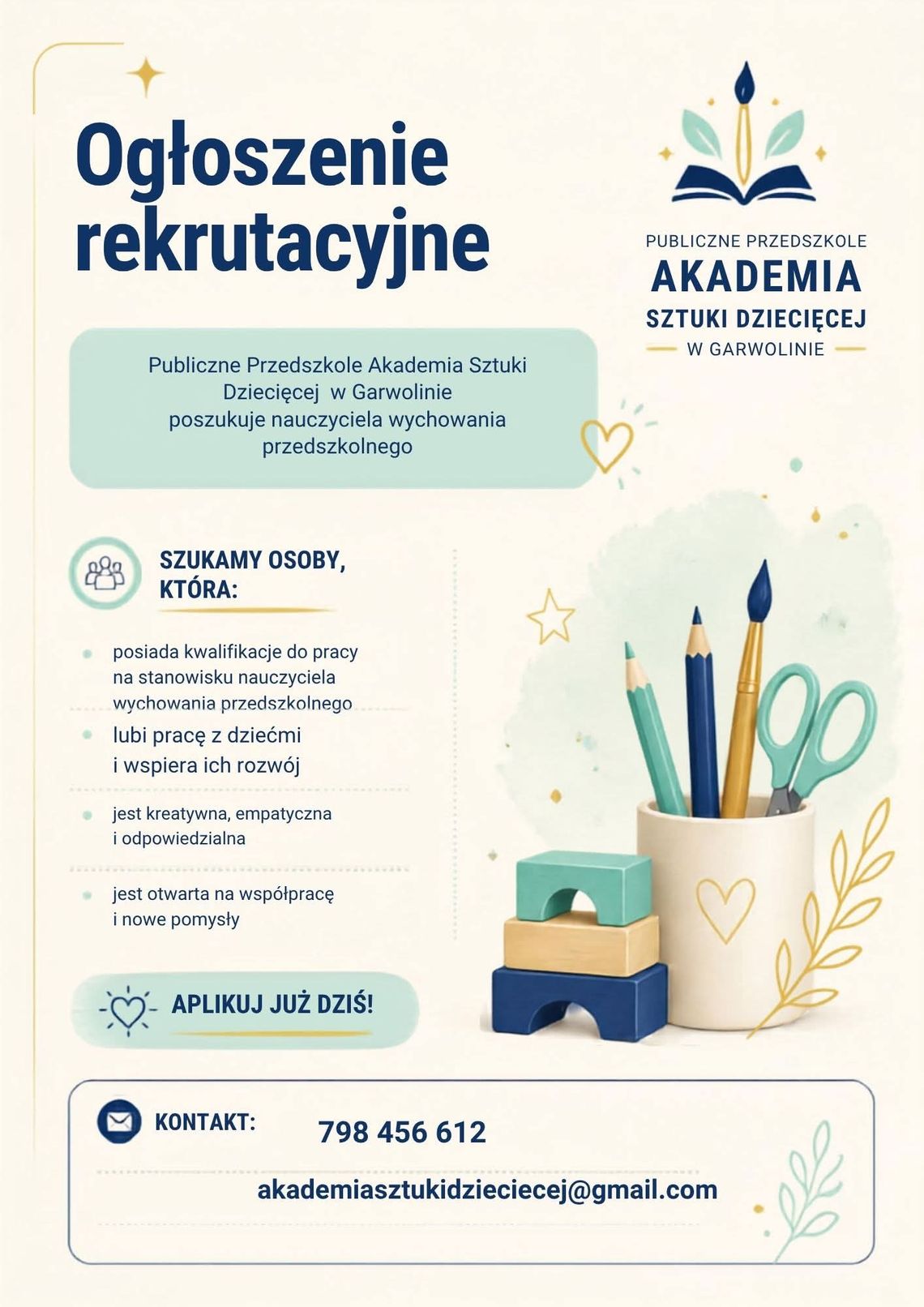 Publiczne Przedszkole Akademia Sztuki Dziecięcej w Garwolinie poszukuje nauczyciela wychowania przed