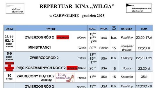 Kino Wilga - repertuar grudzień 2025 Kino Wilga - repertuar grudzień 2025