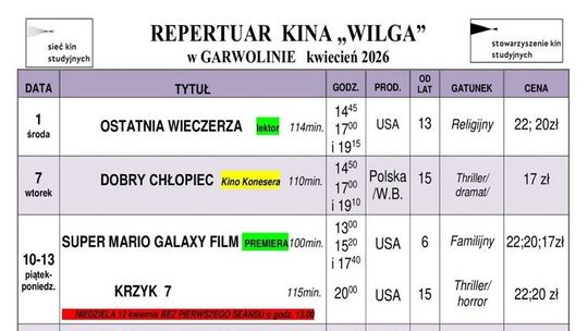 Kino Wilga - repertuar kwiecień 2026 Kino Wilga - repertuar kwiecień 2026