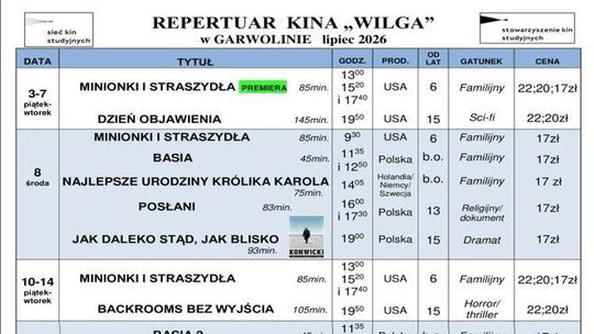 Kino Wilga - repertuar lipiec 2026