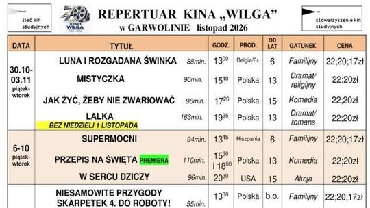 Kino Wilga - repertuar listopad 2026
