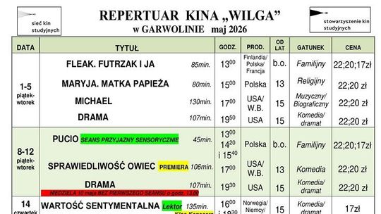 Kino Wilga - repertuar maj 2026