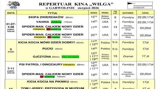 Kino Wilga - repertuar sierpień 2026