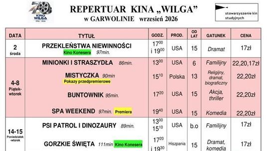 Kino Wilga - repertuar wrzesień 2026