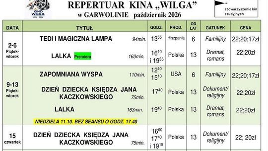 Kino Wilga - repertuar wrzesień 2026