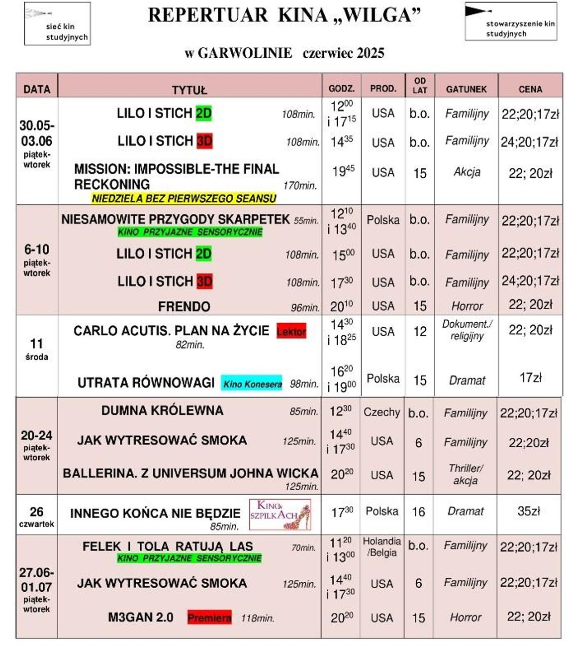 Kino Wilga - repertuar czerwiec 2025