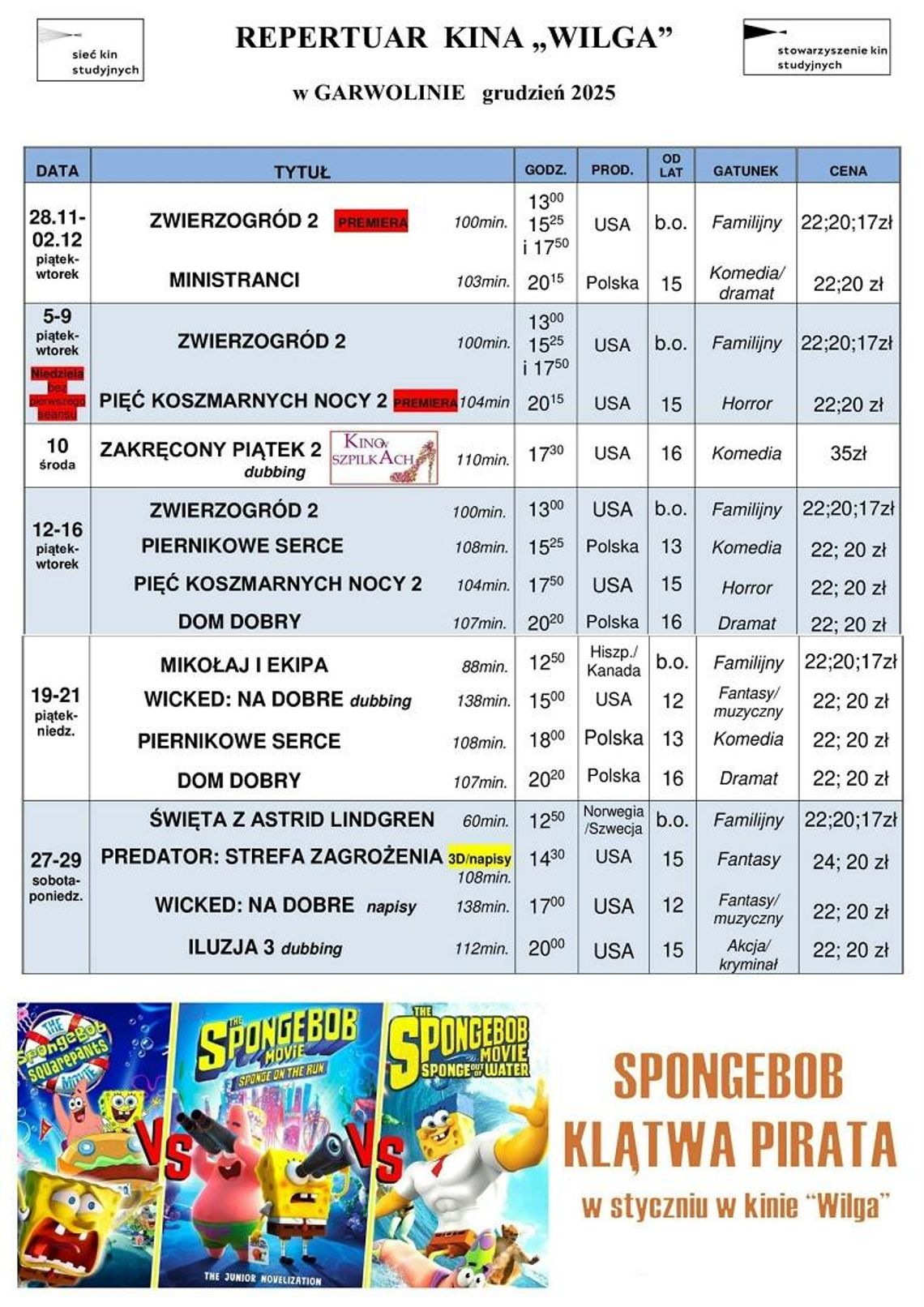 Kino Wilga - repertuar grudzień 2025