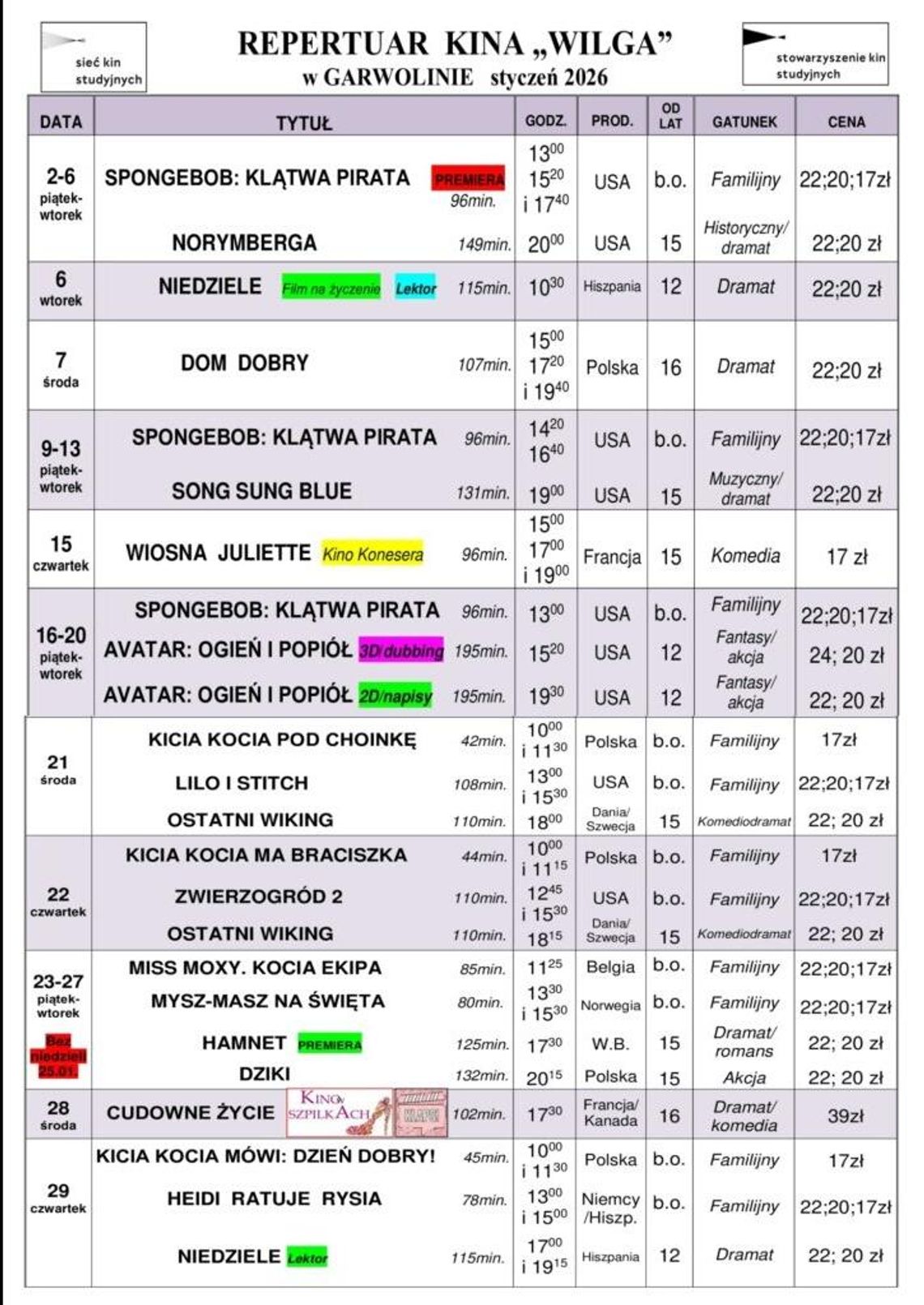 Kino Wilga - repertuar styczeń 2026