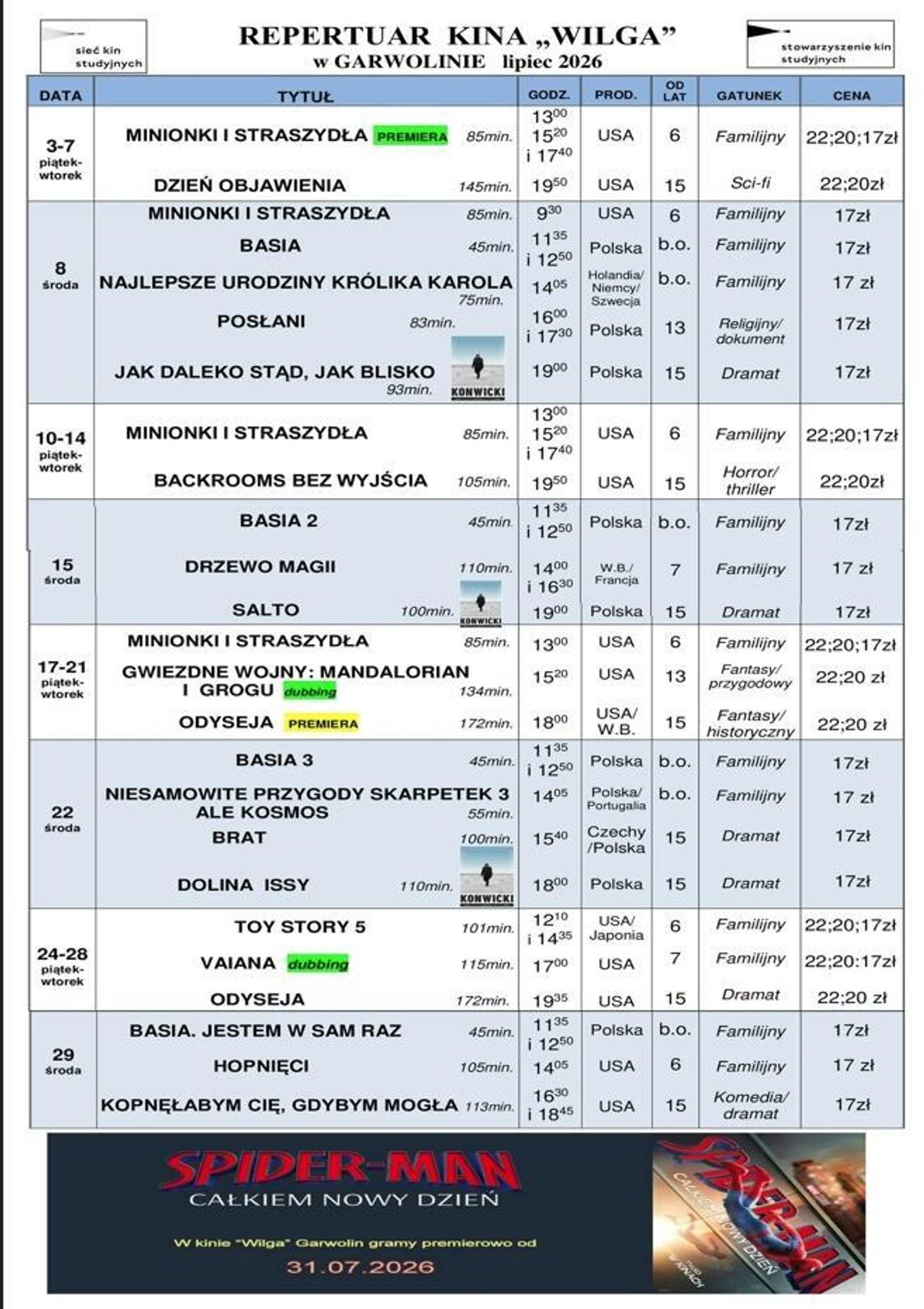 Kino Wilga - repertuar lipiec 2026