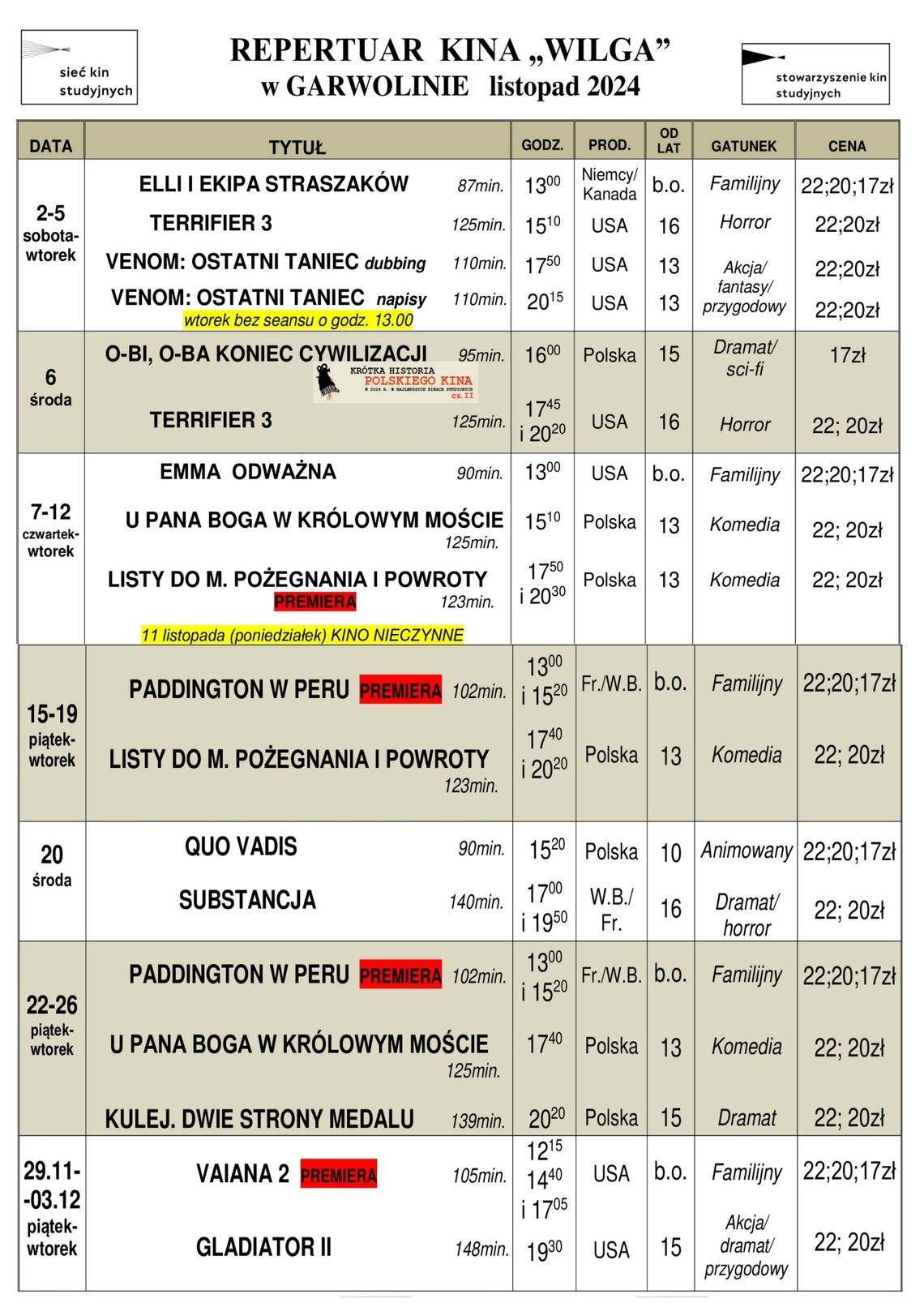 Kino Wilga - repertuar listopad