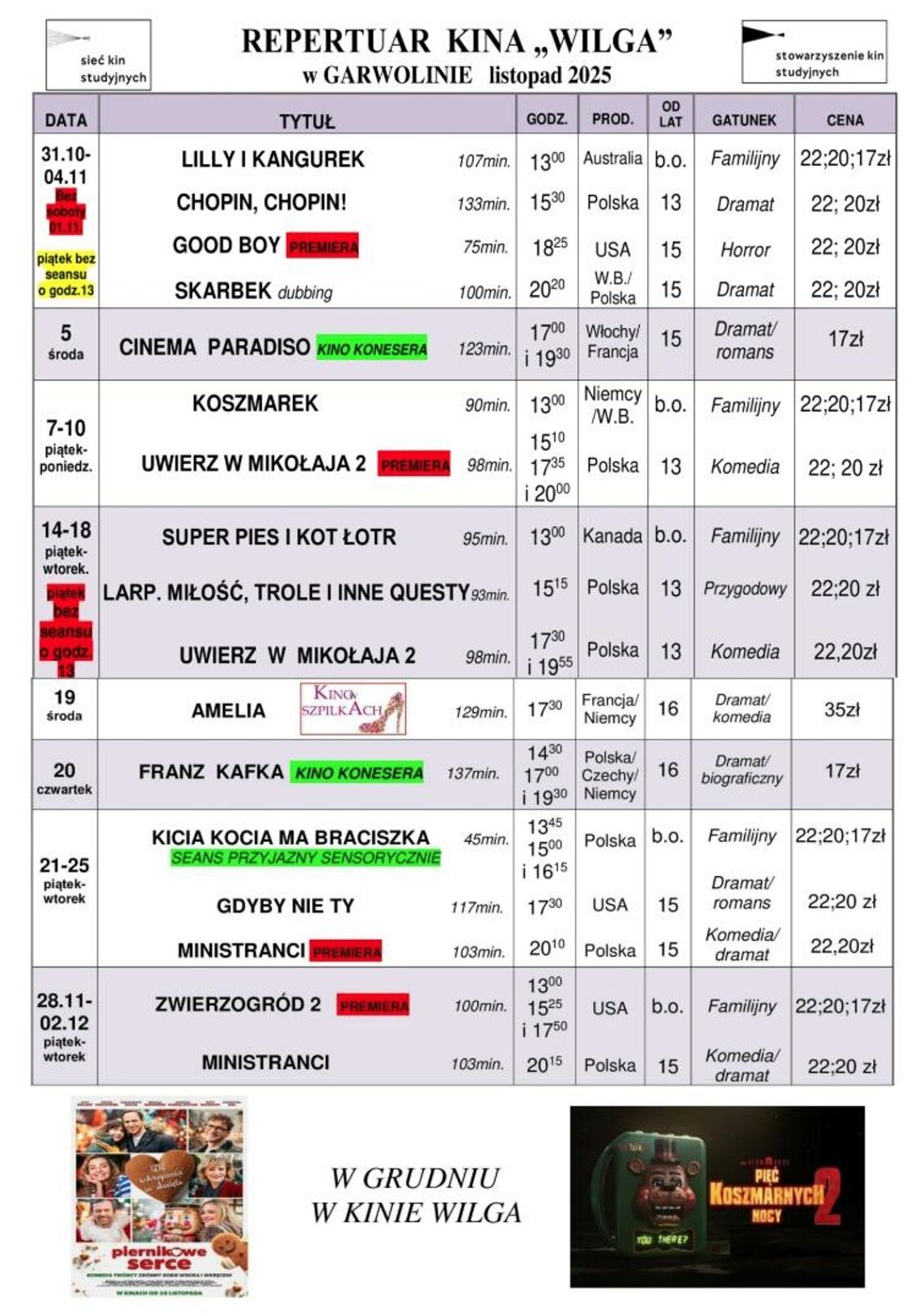 Kino Wilga - repertuar listopad 2025