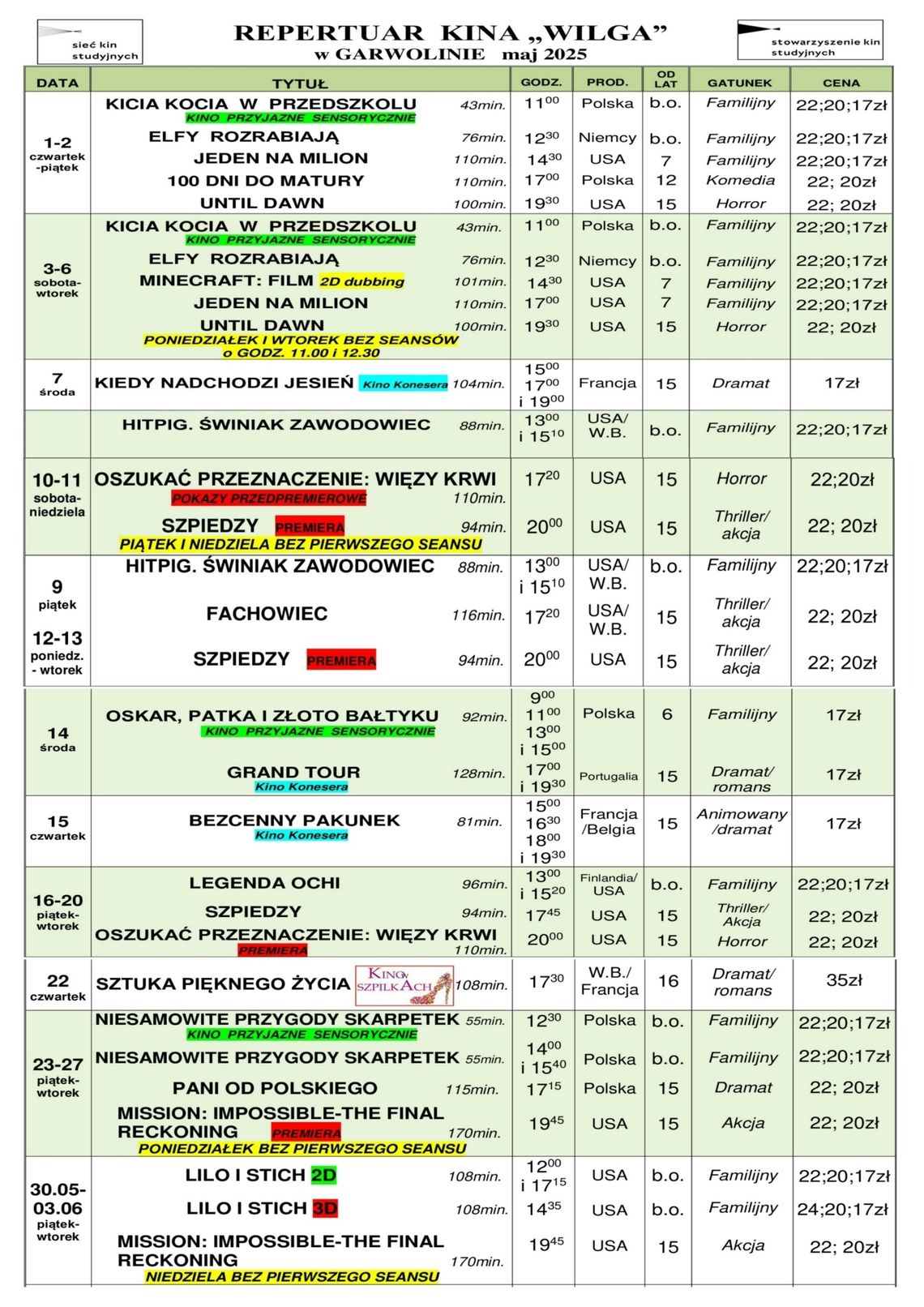 Kino Wilga - repertuar maj 2025