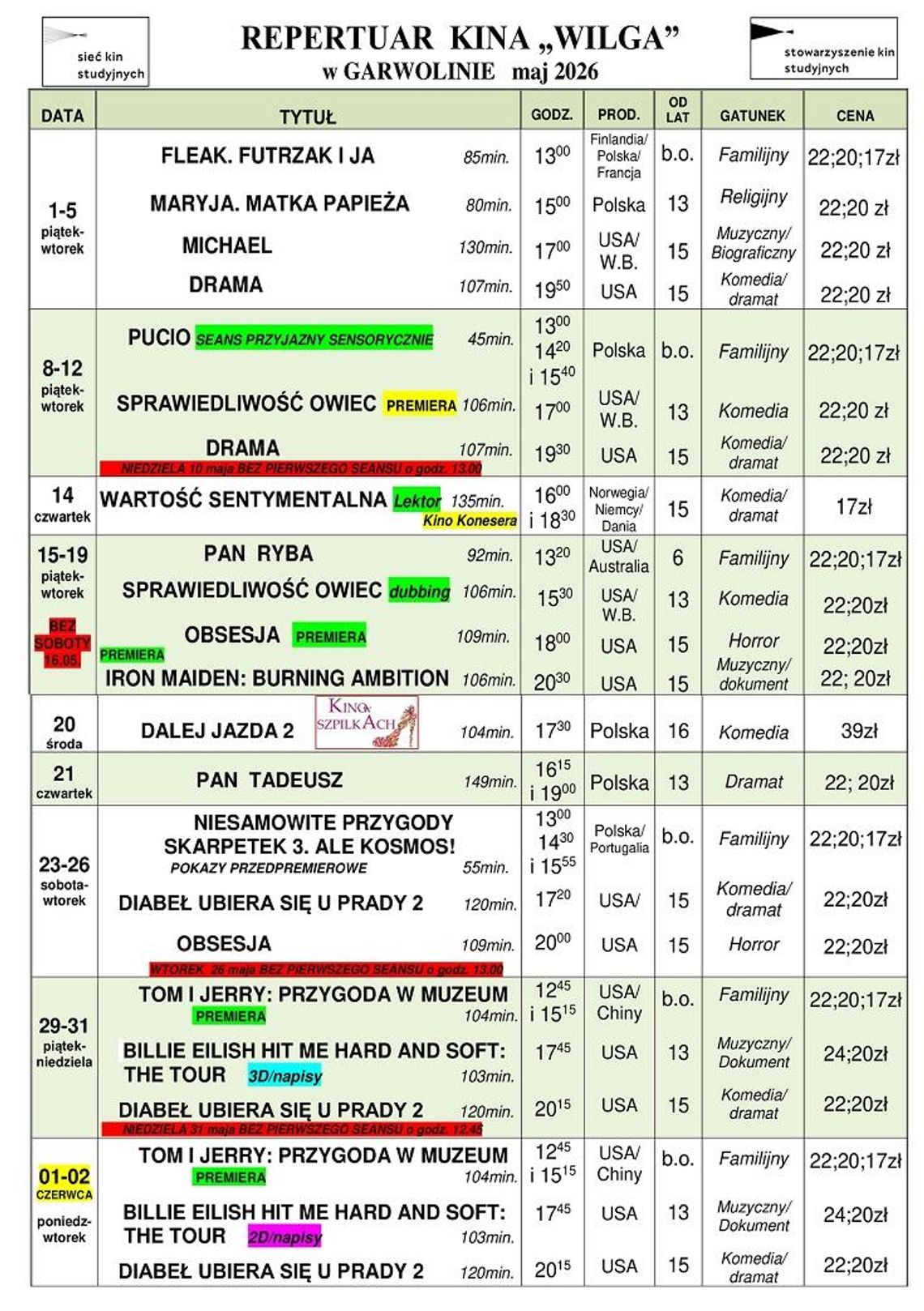 Kino Wilga - repertuar maj 2026