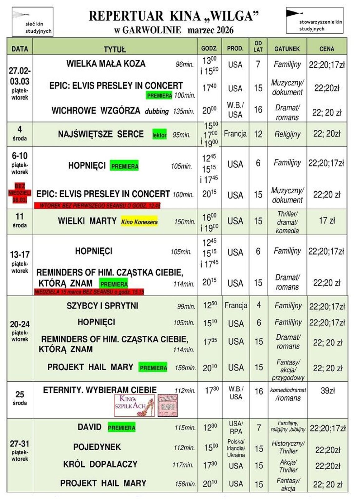 Kino Wilga - repertuar marzec 2026