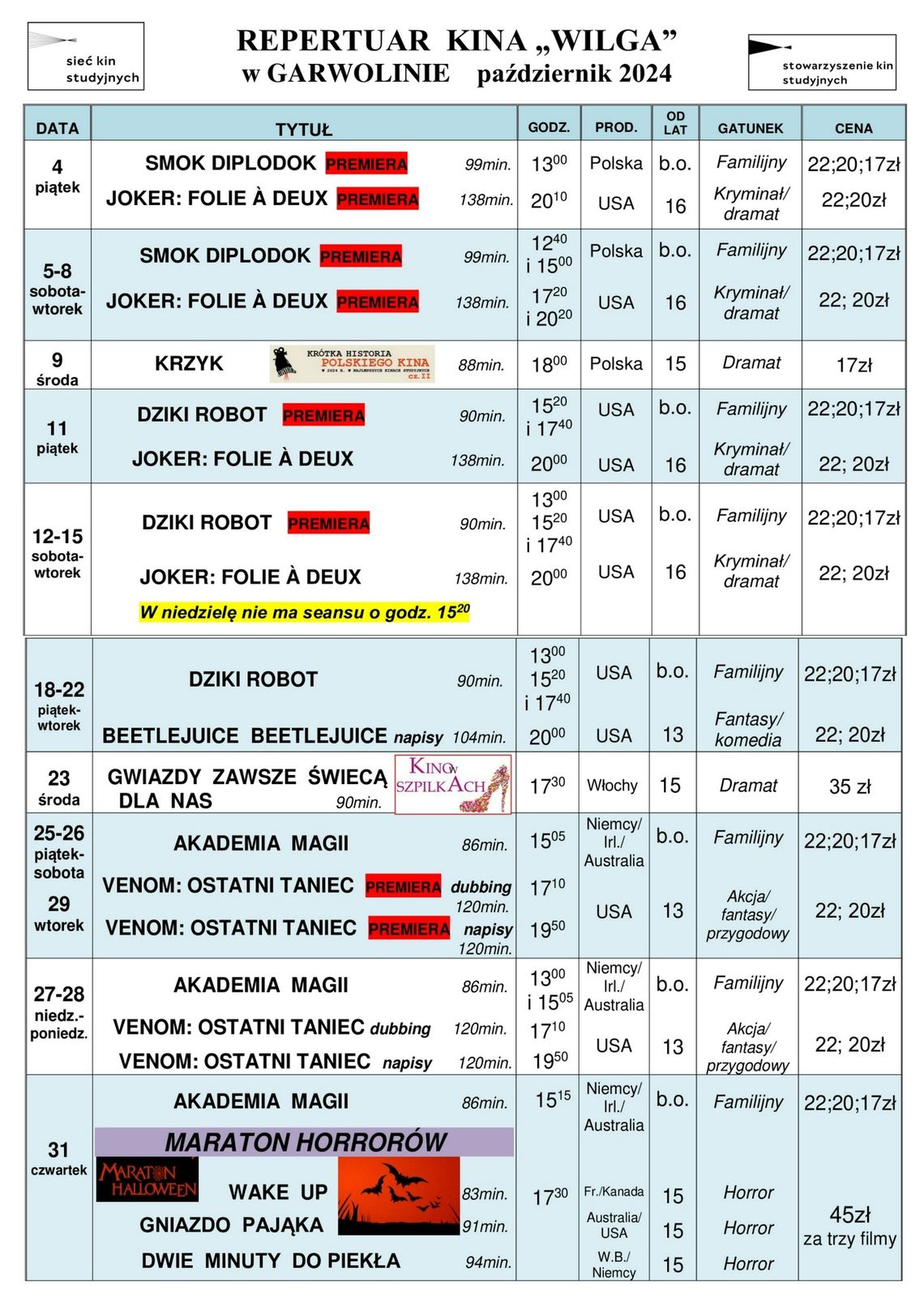 Kino Wilga - repertuar październik
