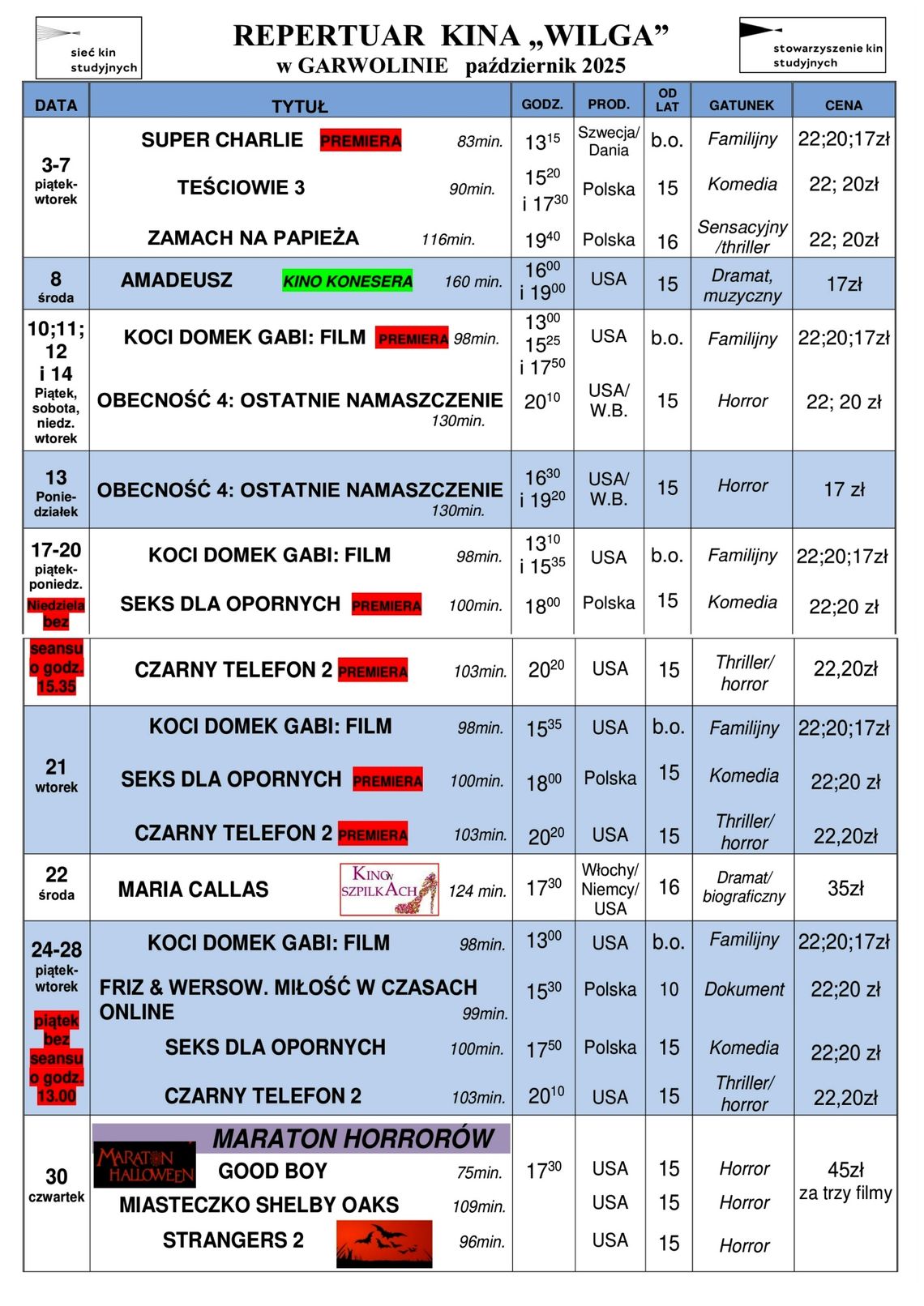 Kino Wilga - repertuar październik 2025