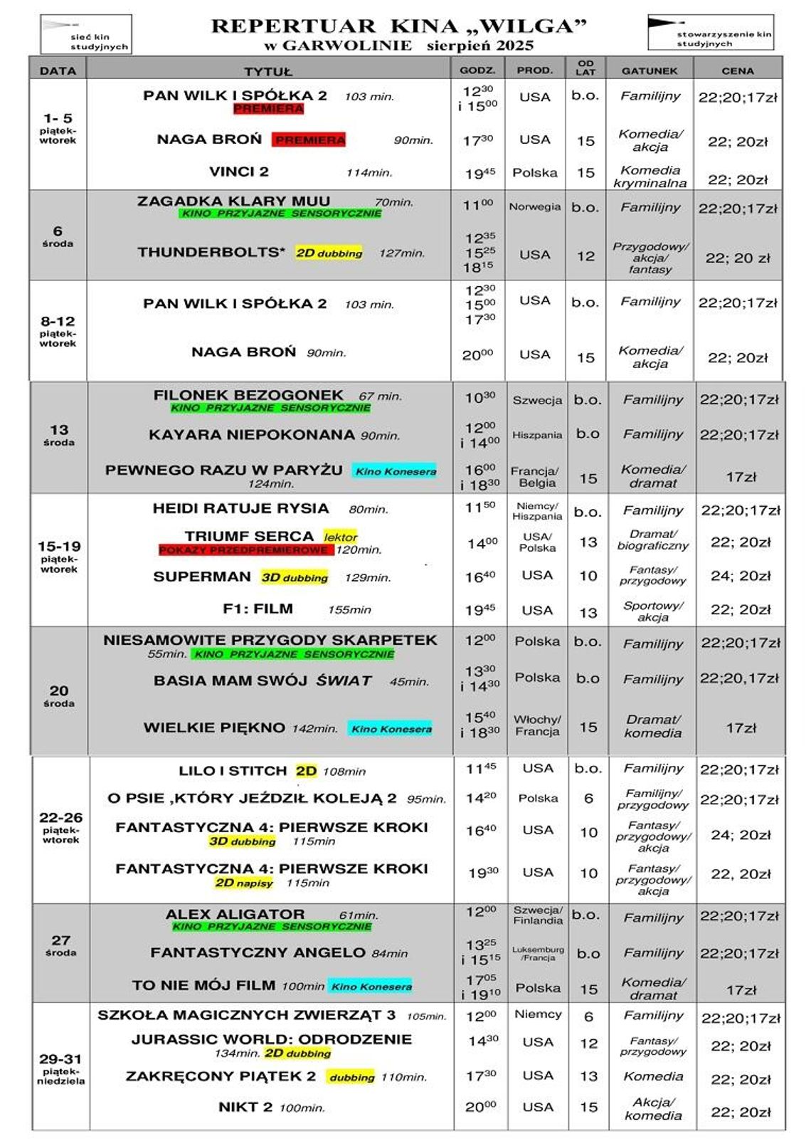 Kino Wilga - repertuar sierpień 2025