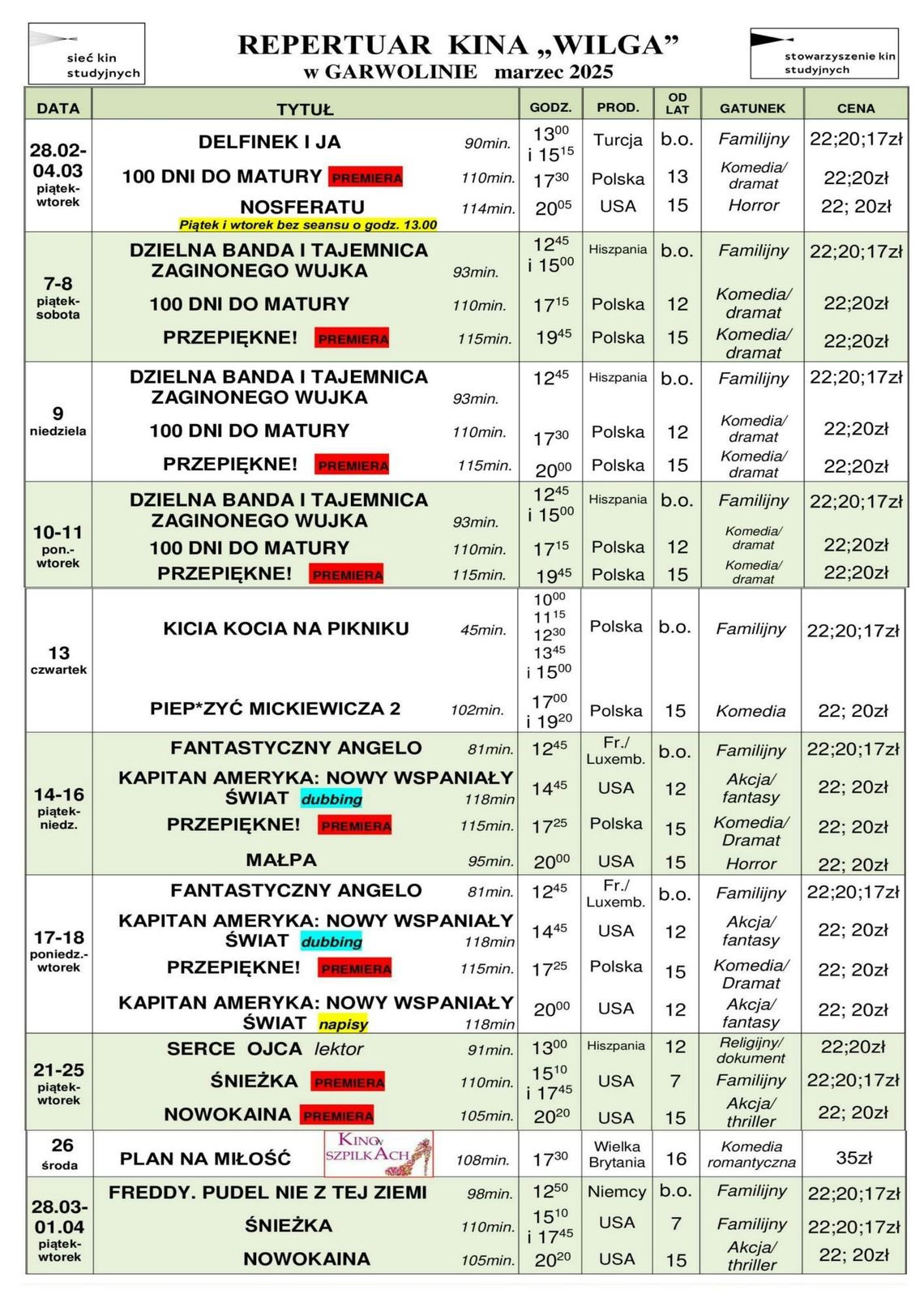Kino Wilga - repertuar marzec 2025