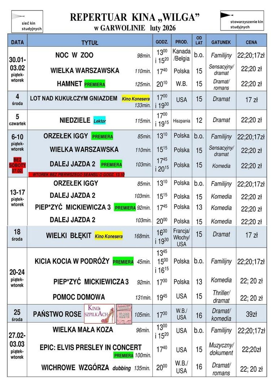 Kino Wilga - repertuar luty 2026