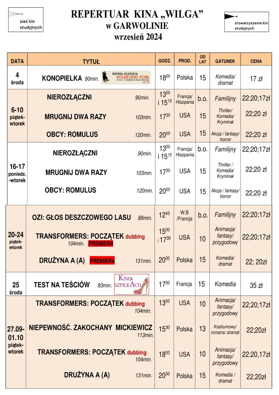 Kino Wilga - repertuar wrzesień